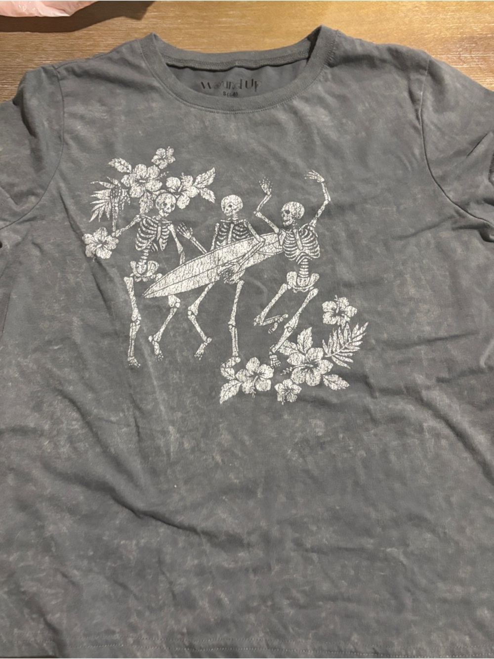 Small wound fox Gray juniors Short Sleeve Tee with White Skeleton Surf Graphic